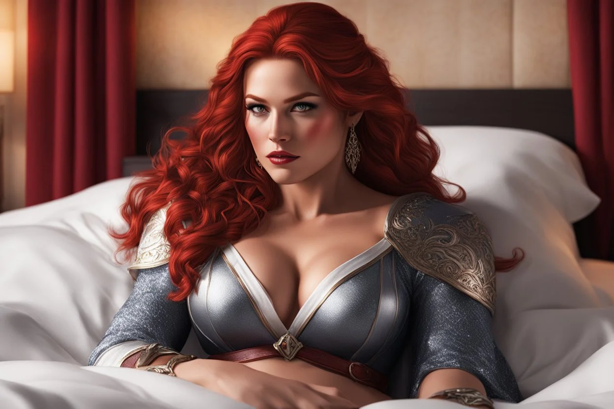 Subject & Action: A photorealistic portrait of Red Sonja. She is sitting up in a large hotel bed, actively awakening from a heavy sleep. Her face shows deep disorientation and subtle furrowed confusion as she glances down at her unfamiliar attire. Her iconic wild, crimson hair cascades messily over her shoulders and onto the sheets. Attire & Details: She is not in armor, but wearing an elegant, deep burgundy (oxblood red) silk slip dress with delicate black lace trim at the bust and hem. The dr