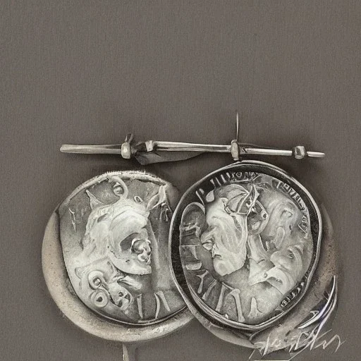 pendant in a form of two conjoined silver coins, watercolor, large strokes, artwork, fantasy