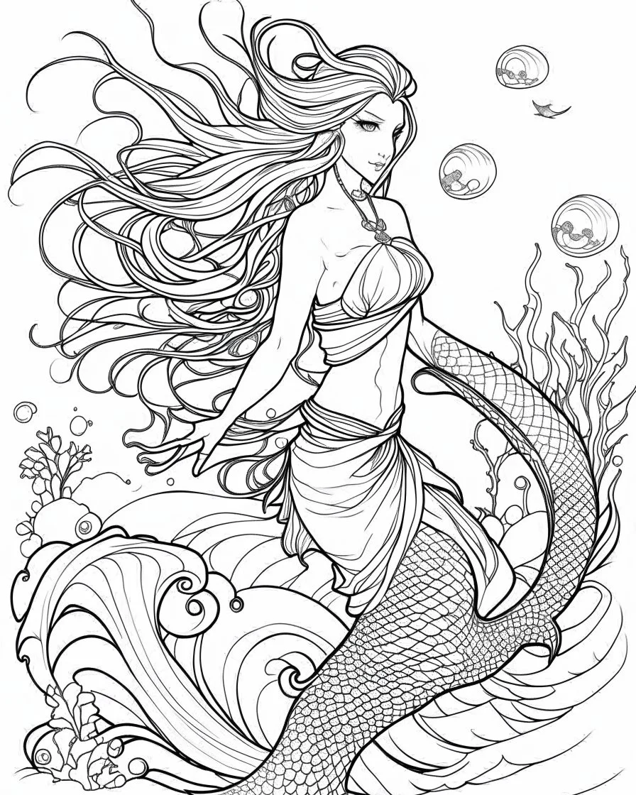 A real simple l mermaid, coloring image,