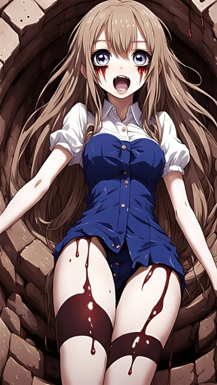 Anime girl with big eyes, darkblue and sepia tones, fullbody, slime, the perspective looking up from the bottom of an empty well, rolling eyes, tongue out, blood drip, open mouth, big thighs, long hair white,