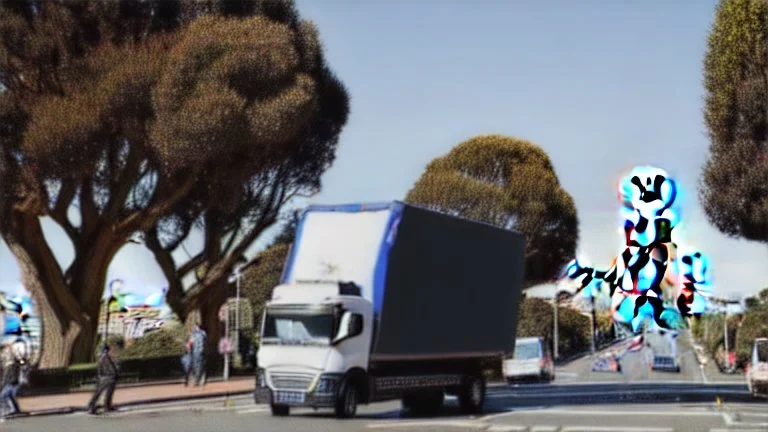 A police Tesla Cybertruck is chasing a Tesla 'Model S Plaid' at top speed, across the 'Golden Gate Park', in San Francisco. CINEMATIC. WIDE ANGLE LENS. PHOTO REAL.