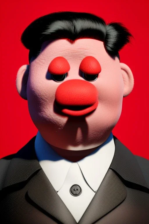 Waist up muppet Portrait, Kim Jong-un muppet doll, black suit, photo studio, red background, unreal engine 5, concept art, art station, god lights, ray tracing, RTX, lumen lighting, ultra detail, volumetric lighting, 3d.