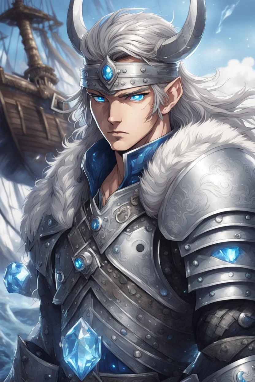 warrior in anime style, with blue eyes wearing silver Vikings armor with a blue crystal on his chest with a battle axe on the pirate ship, anime, anime style