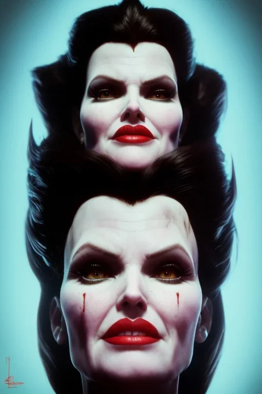 Geena Davis as evil queen in black leather, leather, busty, cleavage, angry, rage, stern look. character design by cory loftis, fenghua zhong, ryohei hase, ismail inceoglu and ruan jia. unreal engine 5, artistic lighting, highly detailed, photorealistic, fantasy