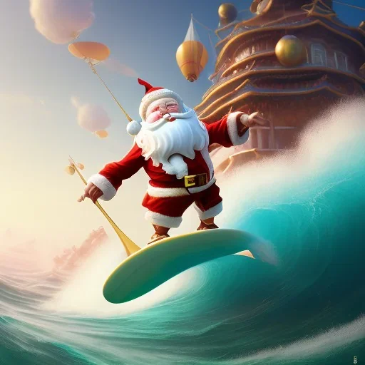 Santa surfing a big wave, surfboard, beach, character design by cory loftis, fenghua zhong, ryohei hase, ismail inceoglu and ruan jia. unreal engine 5, artistic lighting, highly detailed, photorealistic, fantasy