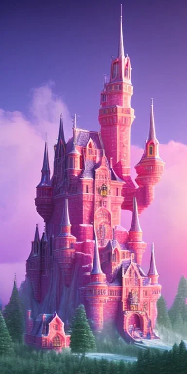 Ice cube shaped castle. pink houses, pink sky, pink smoke, trees, outdoors. street.