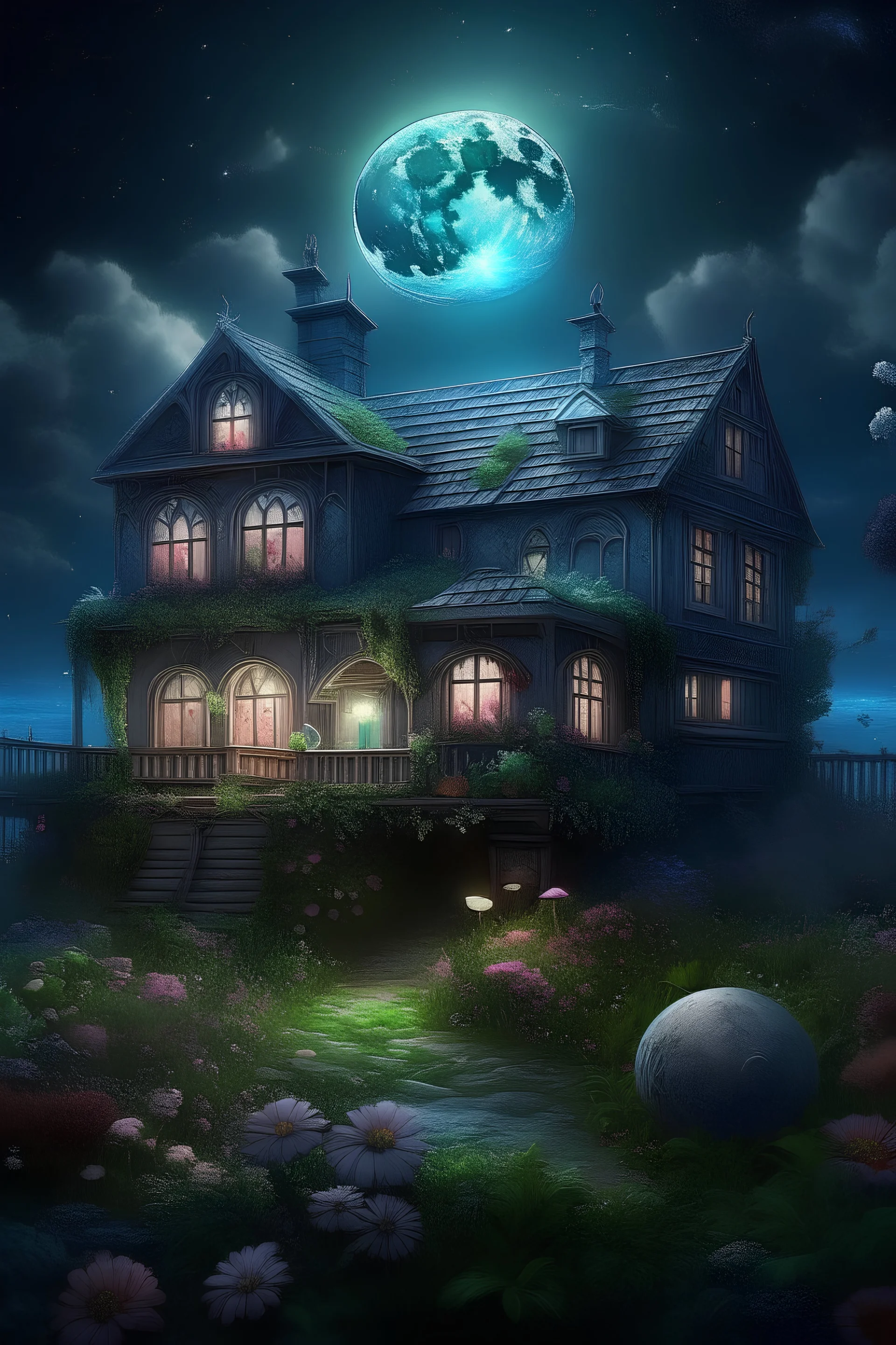 magic cozy house, by the sea, the moon is beautiful, the garden of flowers is realistic, aesthetically pleasing, beautiful, professional photo, 4k, high detail, 30mm lens, 1/250s, f/2.8, ISO 100, bright lighting, dim lighting painted with colored pencils: ,horror. Fractal, surreal, careful drawing of details, clear outline, photorealism, botanical style, curls, smoke, beautiful, realistic, high resolution, Pinterest.