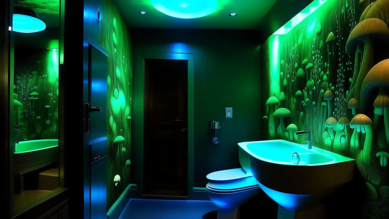 An eco-friendly bathroom whose walls are made of bioluminescent mushrooms that light up the night.