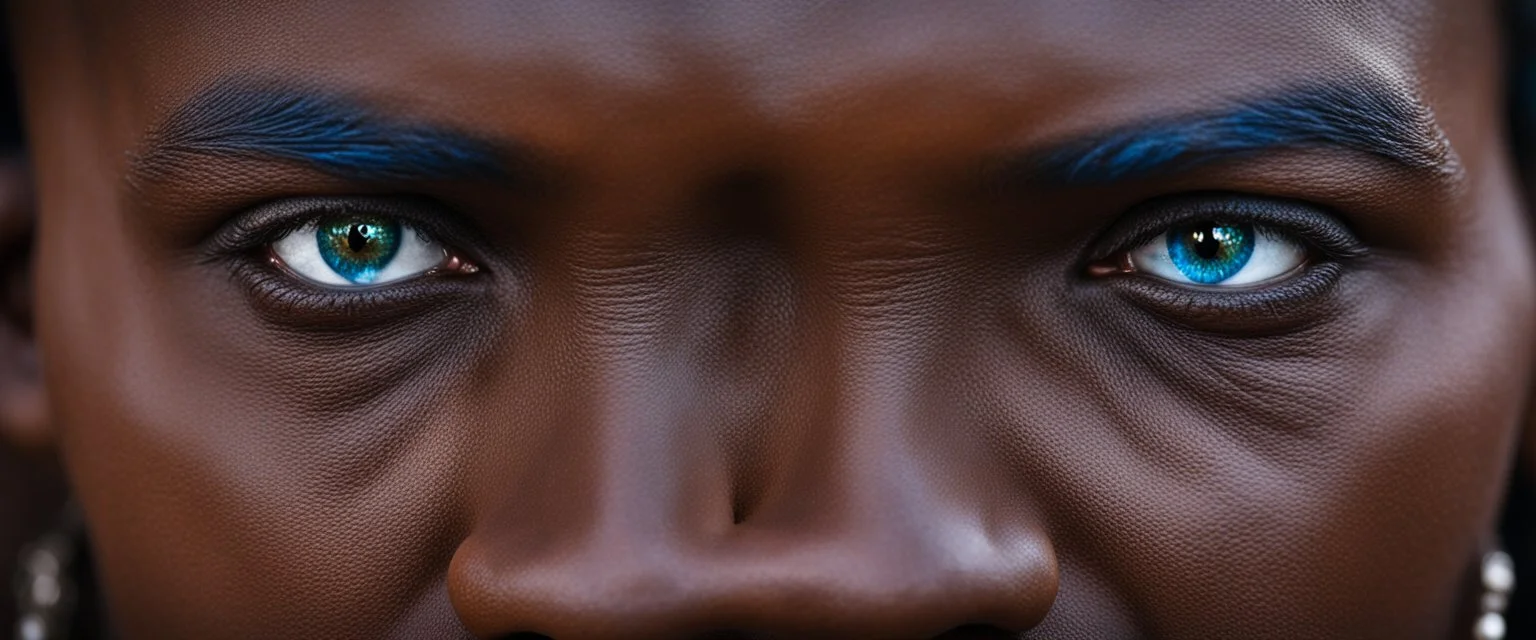 Extreme closeups of Wolof people. Their eyes glow with gemstone colors and reflect Cobalt Infinity, –v6