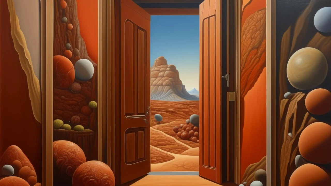 Surrealist painting depicting a landscape seen through a wide door. The door is in a thick, textured wall in reddish and brown tones, which occupies a significant portion of the composition. In the foreground, just beyond the door, is a collection of organic, rounded shapes that resemble rocks or even biological structures. These shapes are grouped together, creating a sense of depth and texture. They are colored in tones with subtle shading variations that suggest a soft, almost fleshy texture.