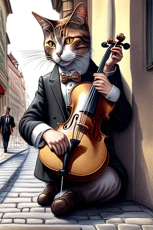 One single mature cat playing violin on the street, Vienna, friendly, model style, hyper realistic, extremely accurate, delicate, extremely detailed, Graphic novel style, wide-angle, open aperture, superfine pencil