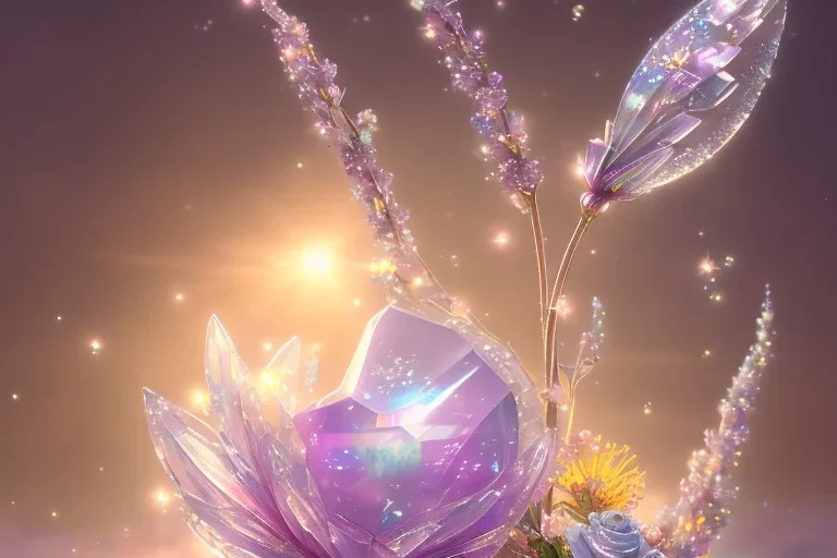 one big crystal subtle flower in a galactic ambiance, transparent petals, delicate colors, in the foreground, with a little beautiful fairy, full of details, smooth, bright sunshine，soft light atmosphere, light effect，vaporwave colorful, concept art, smooth, extremely sharp detail, finely tuned detail, ultra high definition, 8 k, unreal engine 5, ultra sharp focus