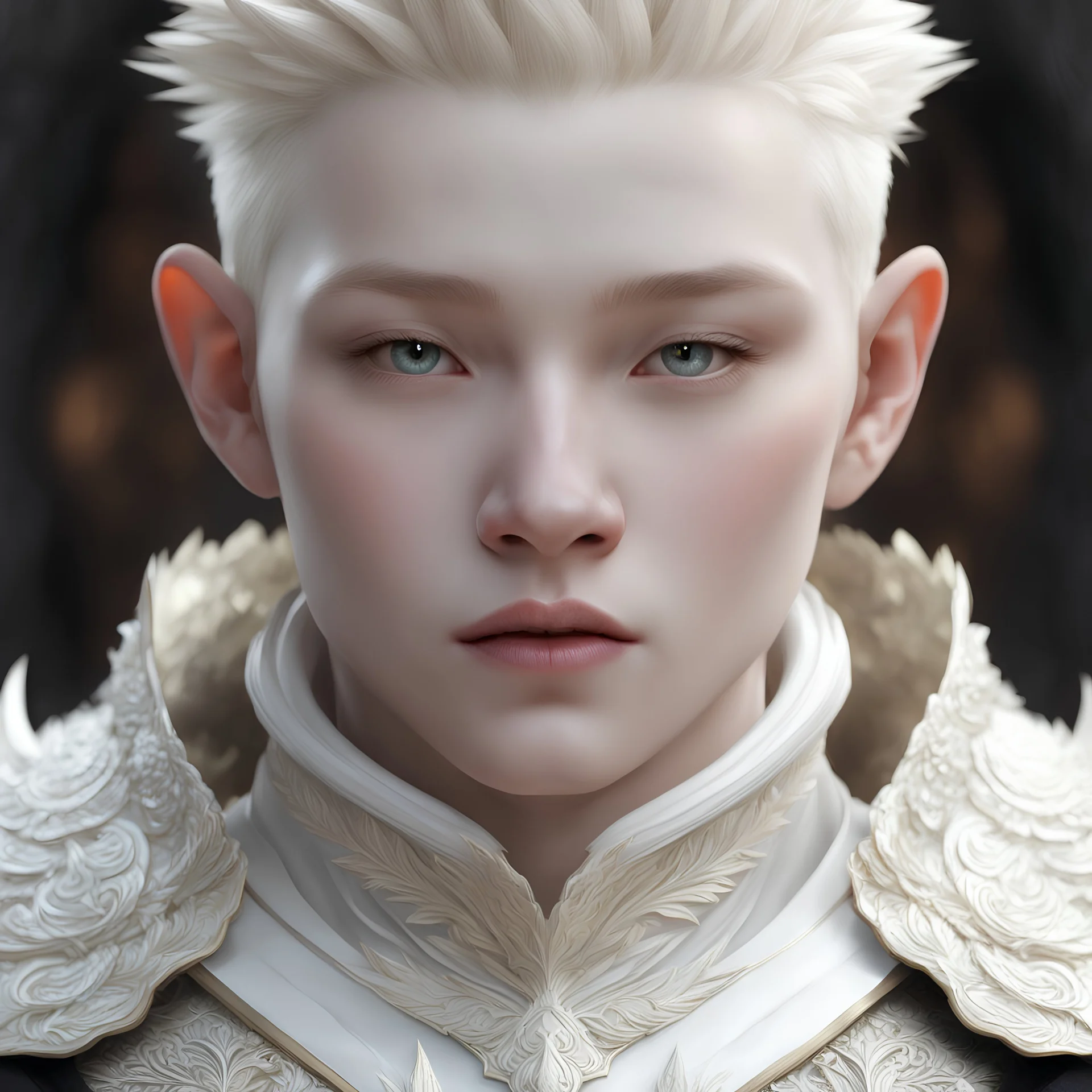 a close up of a person with white skin, digital art, by Russell Dongjun Lu, albino dwarf, reptilian, intense albino, in style of wlop, ivory carved ruff, maxim sukharev, boy with neutral face, ultra detailed content : face, gel spiked blond hair, beautiful detailed body and face