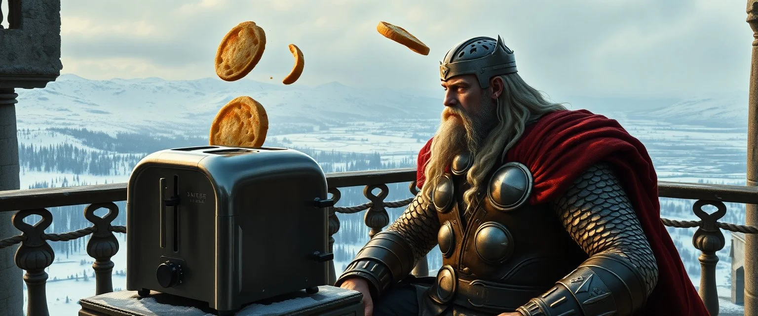 The mighty God Thor sees the toaster spit out some bread. The bread is jumping over his head. In the style of Rembrandt and "Gods of Fallout 4". He is sitting on the balcony of his castle, with a great view over the frozen valley.