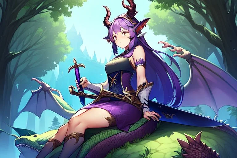 House, forest, girl , purple hair, dragon tail, dragon horns, sit, dragon ear , have sword, big