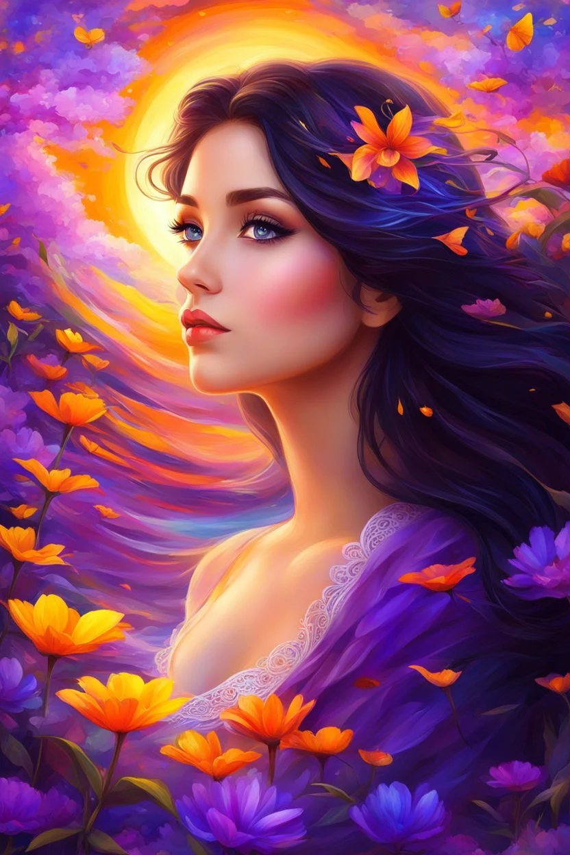 Masterpiece, best quality, digital painting style, adorable digital painting, beautiful fantasy art, colorful. Her dark hair cascades, and her kind eyes seem like gentle winds blowing. With awe, she gazes at the vibrant hues of the sunset - a kaleidoscope of orange, purple, and yellow. Enveloped in the embrace of spring's gentle spell, her heart awakens to the beauty that dwells around her. The world is so colorful, ablaze with life's zest, and she becomes part of nature's eternal quest.