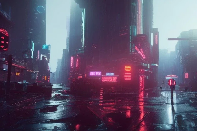 3D, beautiful, light reflecting, empty future city at night, rainy night, neon, cyberpunk, tron, person with helmet walking