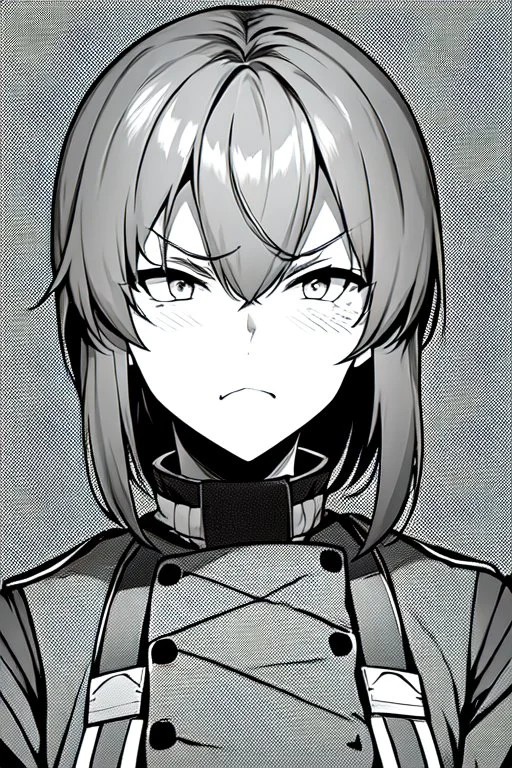 military girl, angry face, close-up, greyscale