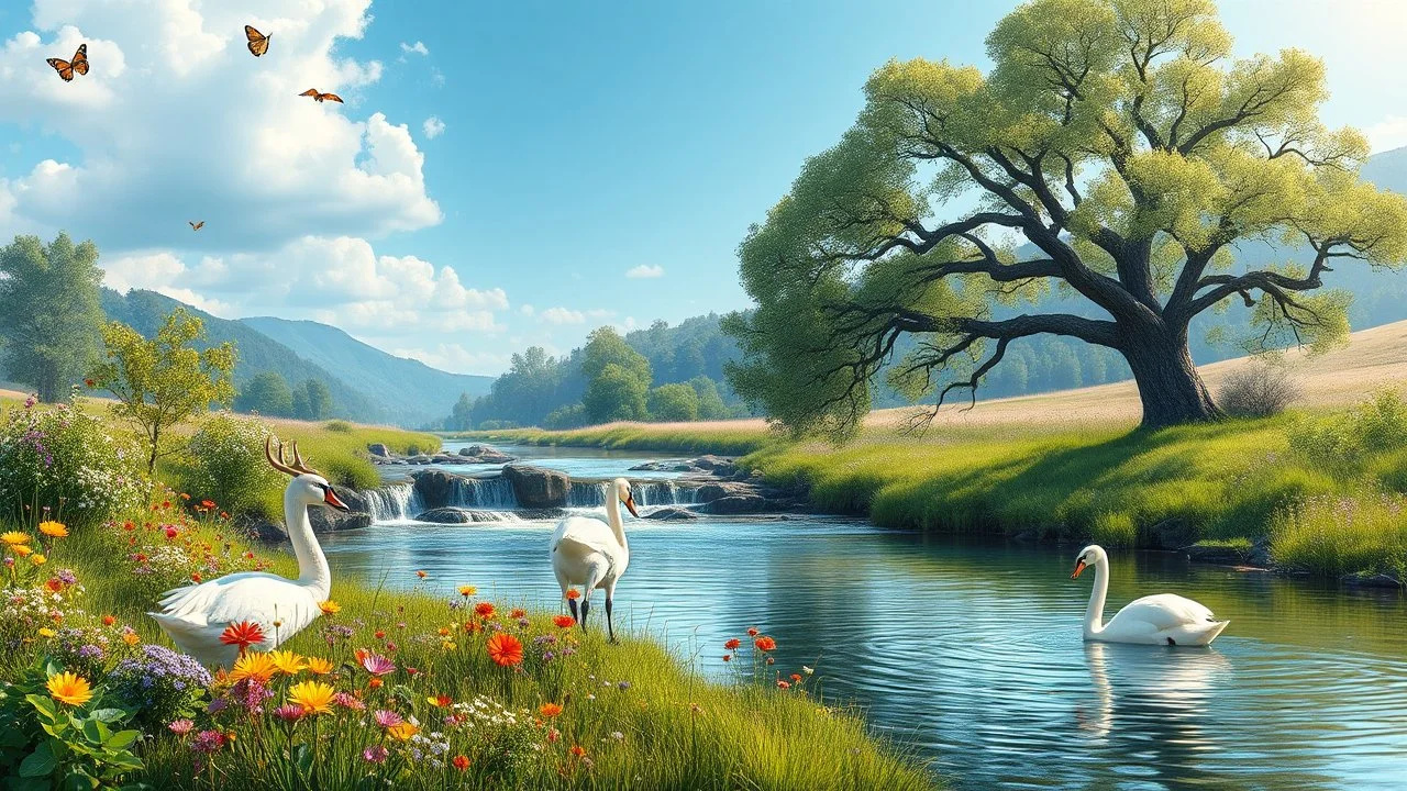 a beautiful river in country side with water falls and big tree,wild flowers and swans in river 2 pretty Deer with horns in plants,butterflies around flowers,heaven escape,some teen agers are dancing a fidller is playing violin