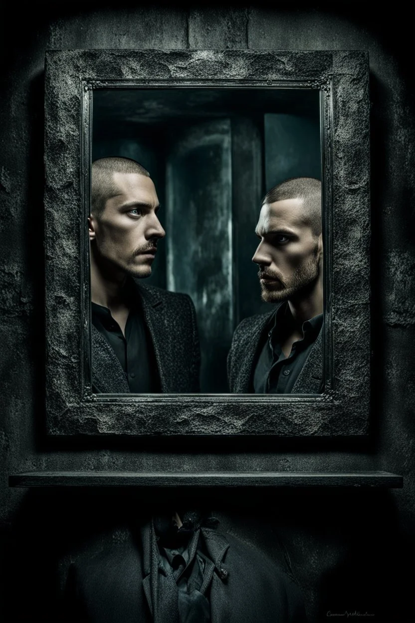 the camera see a man and mirror, the man see yourself or others in mirror, surreal mood, cracked glass, metal, cold and dark colors, nightmare, gateway into other side, monster, shadows, sinister, dark dream, high detailed, sharp focus, masterpiece