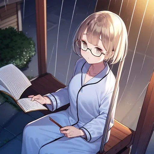 anime girl sitting on a porch swing of an old house, journaling, wearing pajamas, writing in a book, shes watching it rain, more detail on hands and her face,shes deep in her thoughts, wearing glasses, rain drops, she has a pencil in her hand and is writning in the book, she is looking down at what she is writing