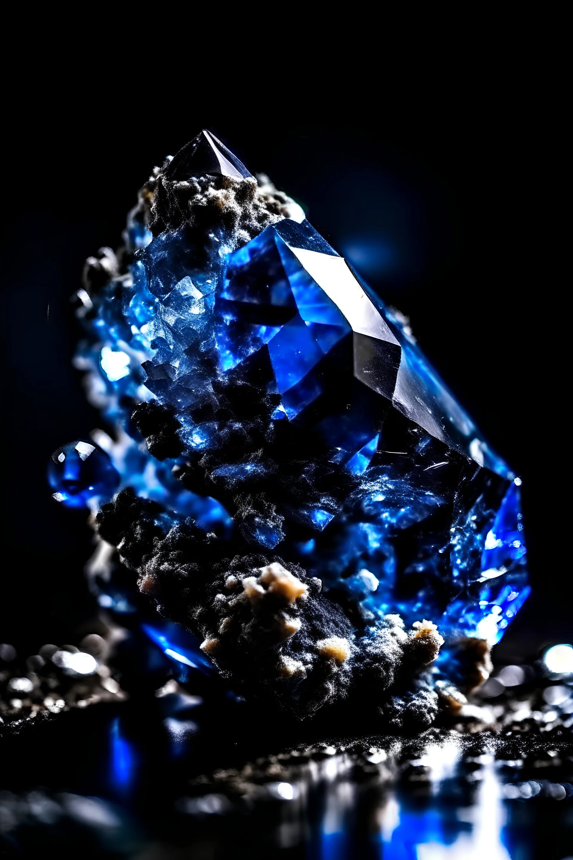 dark blue Achroite Crystal big close up stone on black background