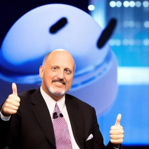 Jim Cramer looking sheepish, thumbs up, UFO in background