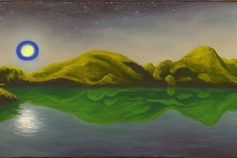 Alien landscape with one grey exoplanet in the horizon, pond, water reflection, rocky landscape, sci-fi, tendency to impressionism, realistic painting