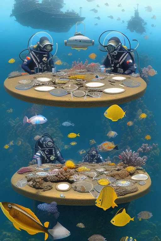 2 divers in full gear sitting at a round table having tea, the table is on the bottom of the dried out ocean, no water, around them are shattered dead fish, dead starfish, ship reck, 8 k realistic