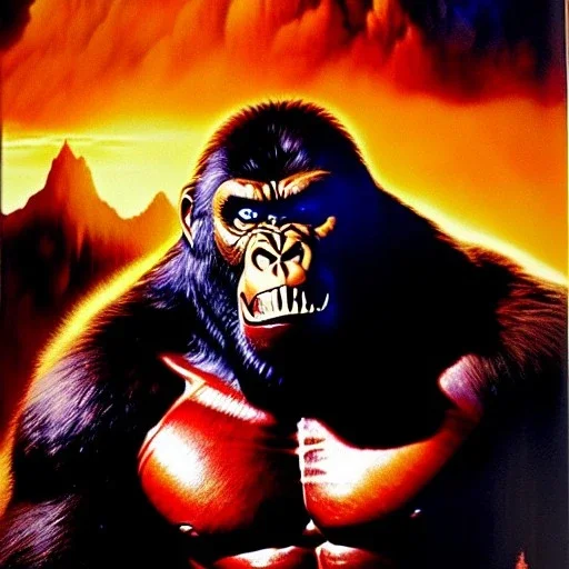 portrait oil on canvas, King Kong ,comic book cover, mystical colors,insanely detailed,realistic,intrincate detail, 16k resolution, masterpiece,Frank Frazetta,Alex Horley, Simon Bisley.