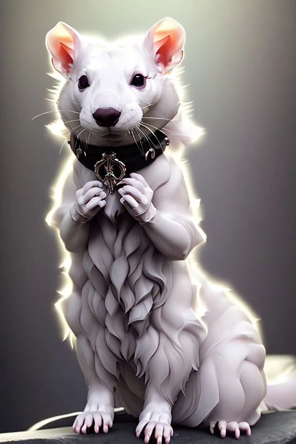 (anthropomorphic white ferret),dressed in ((cleric fantasy)) black clothes with silver holy ornaments, realistic anatomy, posing, cute face, fantasy inspire, fantasy church on background with warm sunshine lighty from behind, gloomy atmosphere, (((high angle shot))), purple armband, The holy icon style, RTX, praying, close eyes