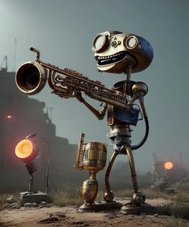 happy mechanoid person playing jazz with a steampunk theme, realistic