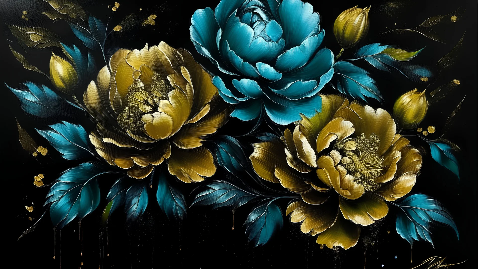 painting of turquise Peonies flowers with gold flowers in center of canvas black background