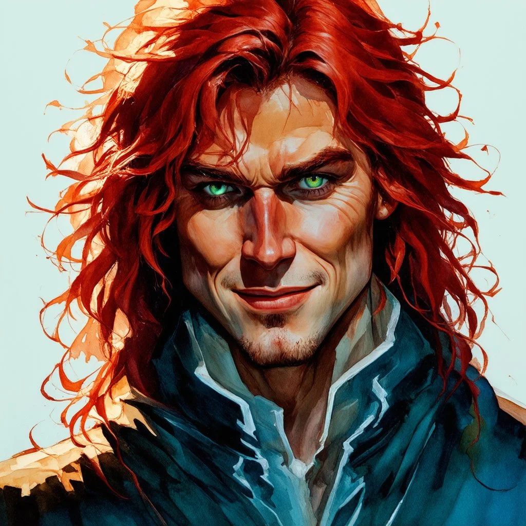 dnd, fantasy, watercolour, stylistic, portrait, illustration, dull colours, male, face, green eyes, determined, happy, red hair, very long hair, radiating light, five o'clock shadow