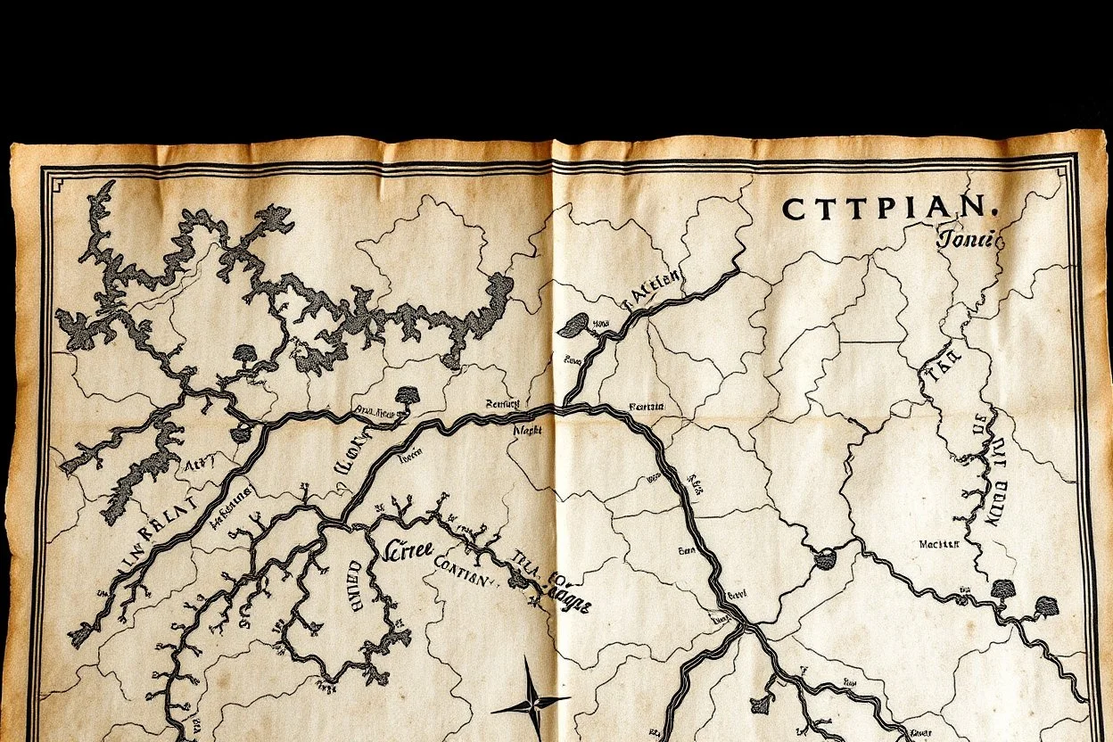 a scan of an ancient Cree road map of a fictional place, printed black and white but has since been stained and weathered