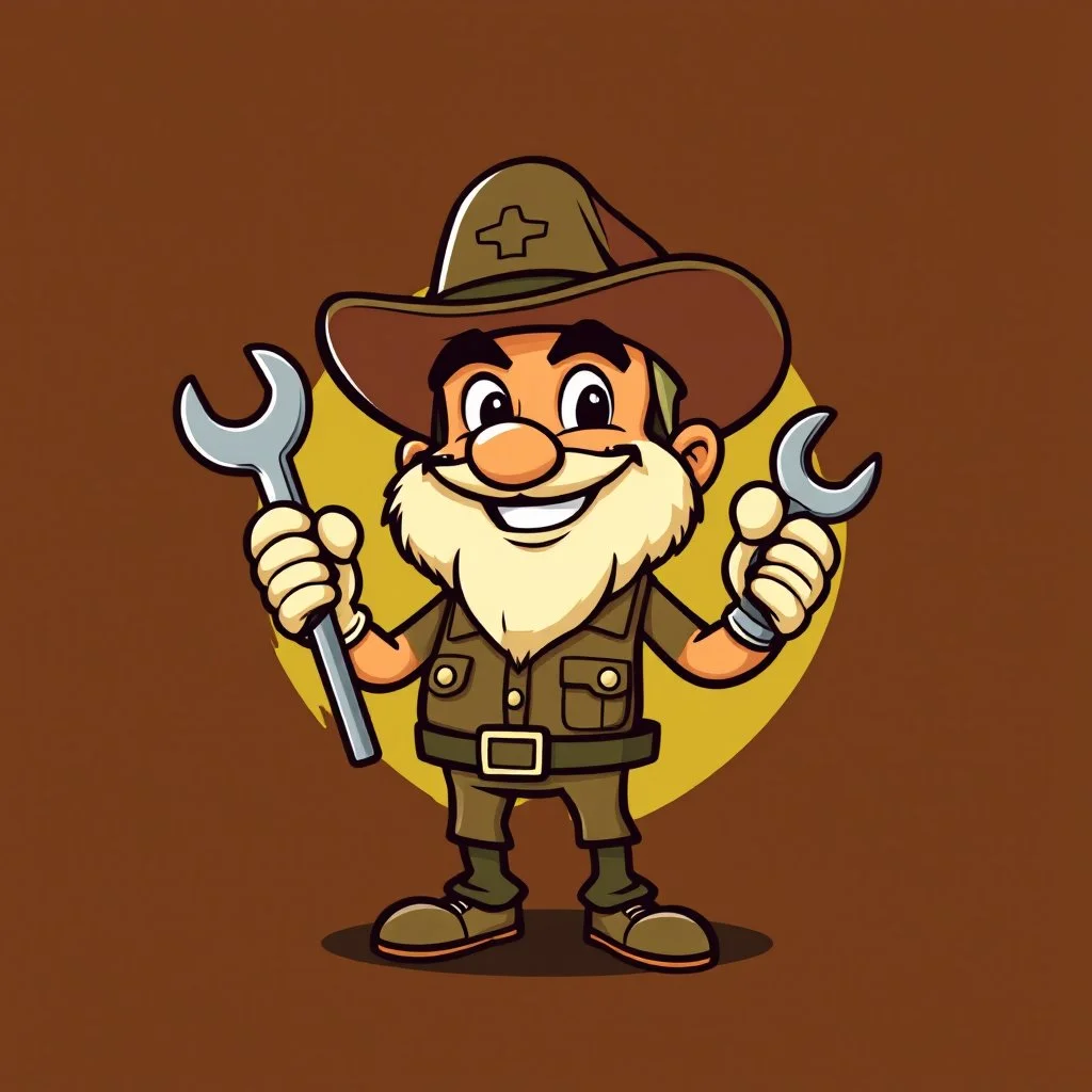 retro cartoon company mascot of a vehicle mechanic with a hint of forest ranger, holding a socket-wrench.