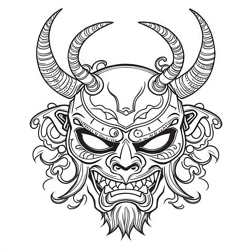 White, minimalis line art , oni mask japanes scarry, vector, white background, outline, with images neatly contained within the background, just black and white color,