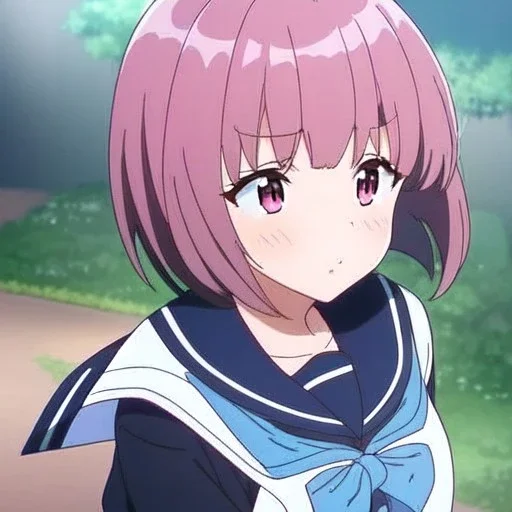 Clear focus, High resolution, A anime teenager, anime screencap, black medium length hair, hair cut in pieces, pink eyes, wearing a sailor uniform, blushing