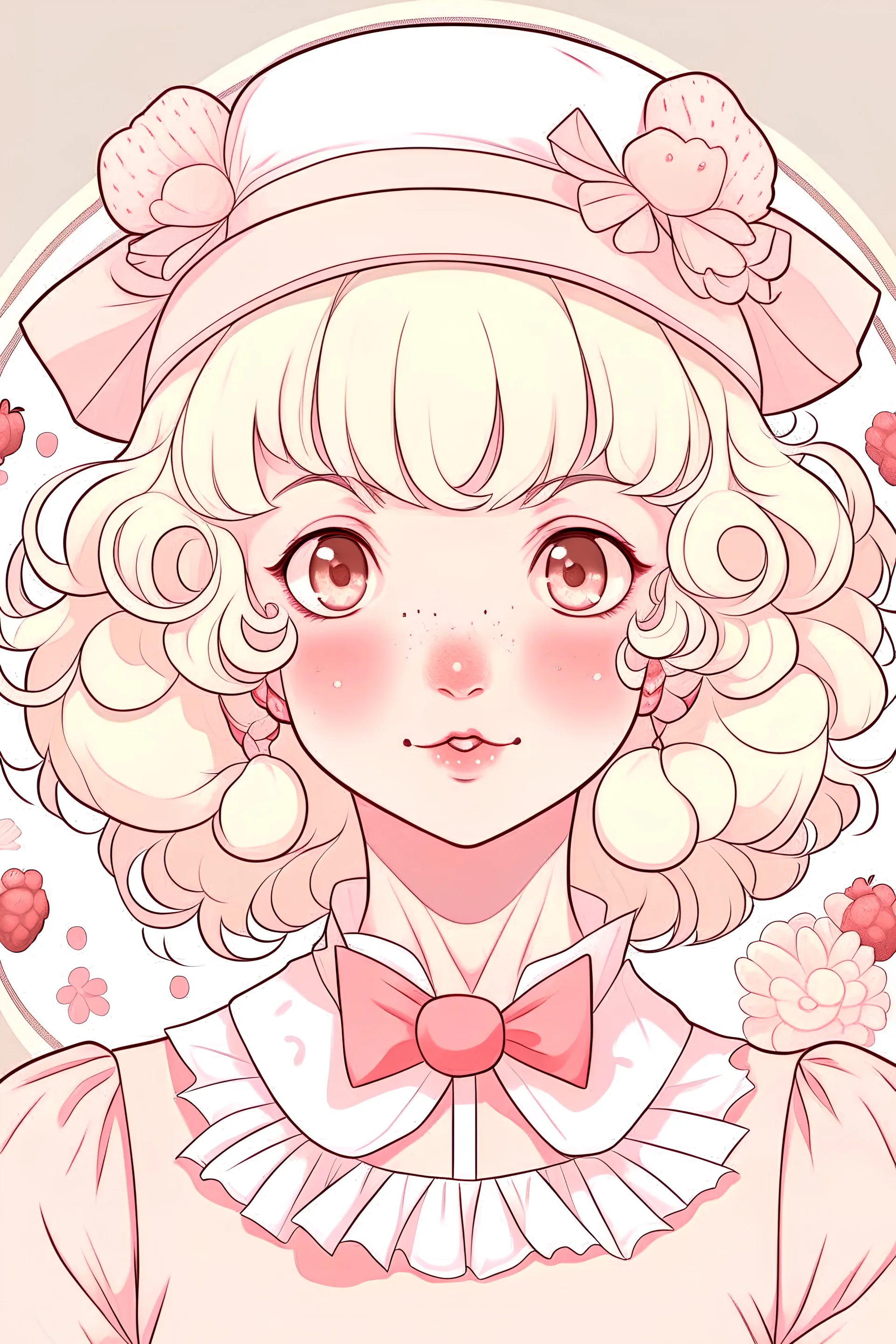 a Pale girl with short curly blond hair freckles a pink maid dress strawberry beret and blush in a soft 2D style