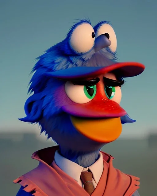 hybrid character, Sesame Street muppet head with body man, police dress, Wes Anderson style, concept art, smooth, unreal engine 5, god lights, ray tracing, RTX, lumen lighting, ultra detail, volumetric lighting, 3d.