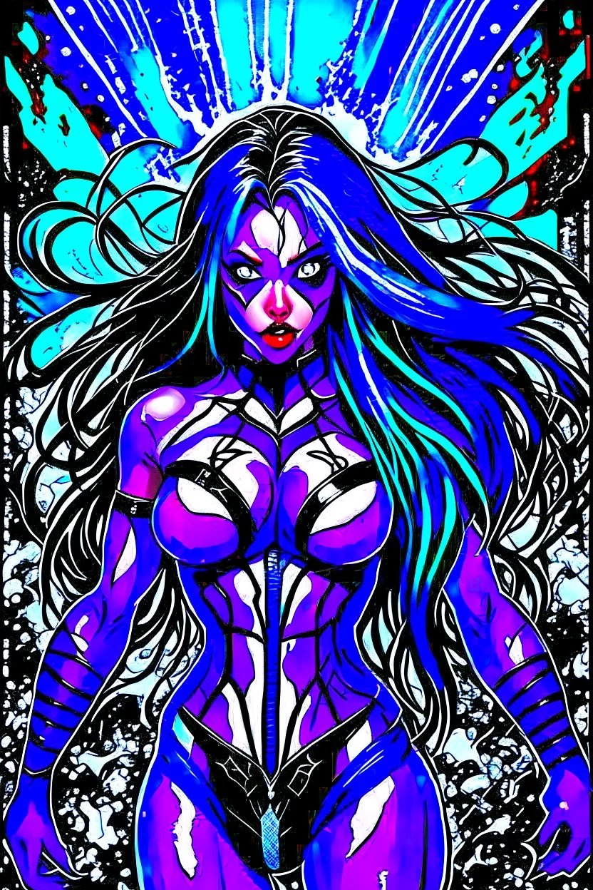 super pretty young woman, good body, very big bub, blue long haired, black "venom" costume, white spider chest costume, black cosplay, purple details, complete costume, mask, female stylized, woman lines, "Venom from Marvel" design inspiration, darknight sky background, intrincate details, high a.i. perseption, nano tecnology, lights, high quality picture, renderizing, front view angle.