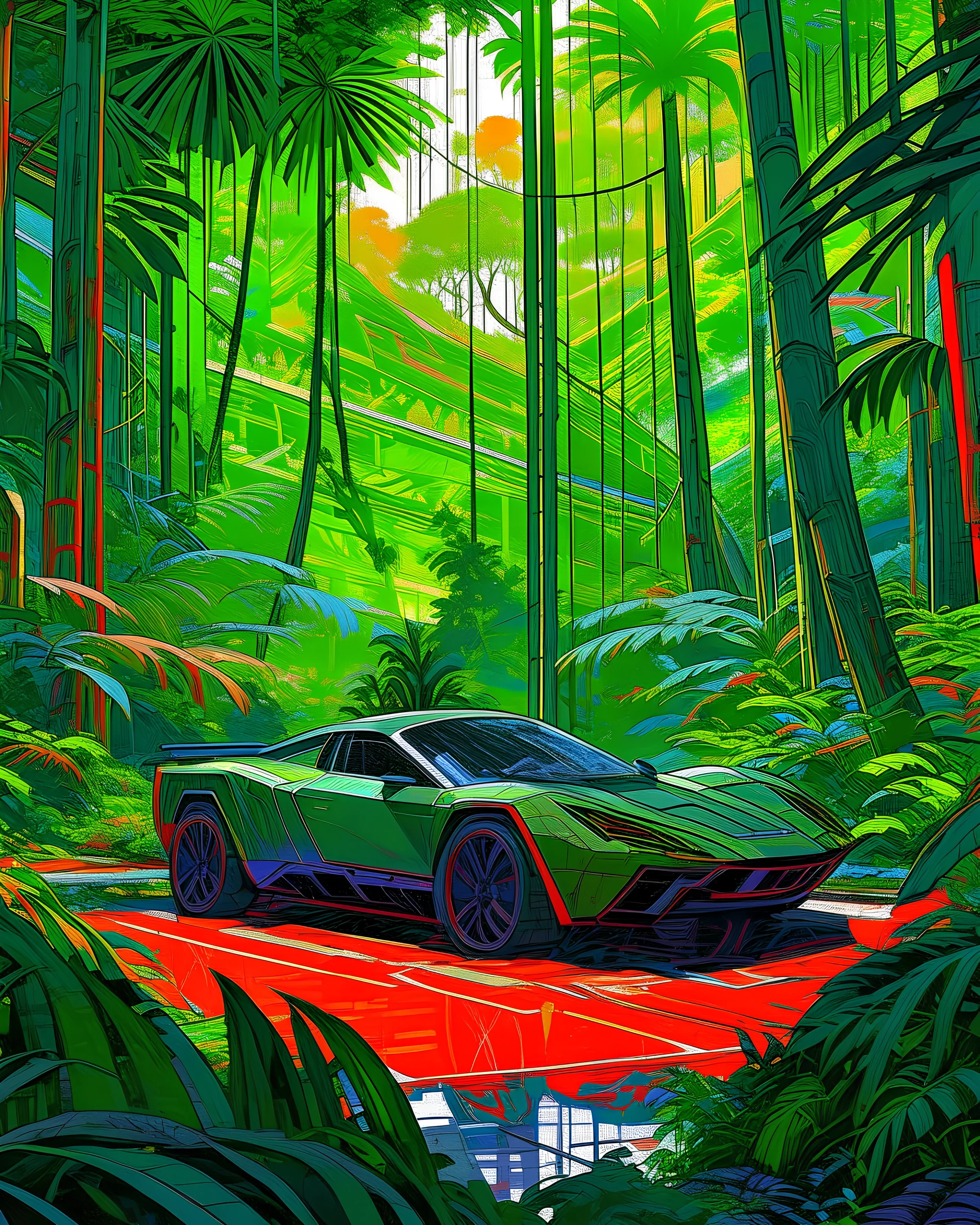 "Spider-Man in the Jungle" by Syd Mead, cold color palette, muted colors, detailed, 8k