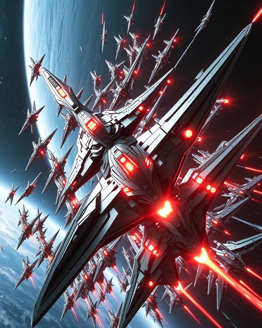 Extreme low-angle perspective captures the Aetherion Legion, a celestial armada of 1,000+ hyper-advanced silver starships , erupting from the colossal orbital citadel Nexus Prime. Each vessel boasts sleek, dagger-like profiles forged from blackened neutronium alloy, their warp-nacelles blazing with neon-lit plasma afterburners that scorch the void