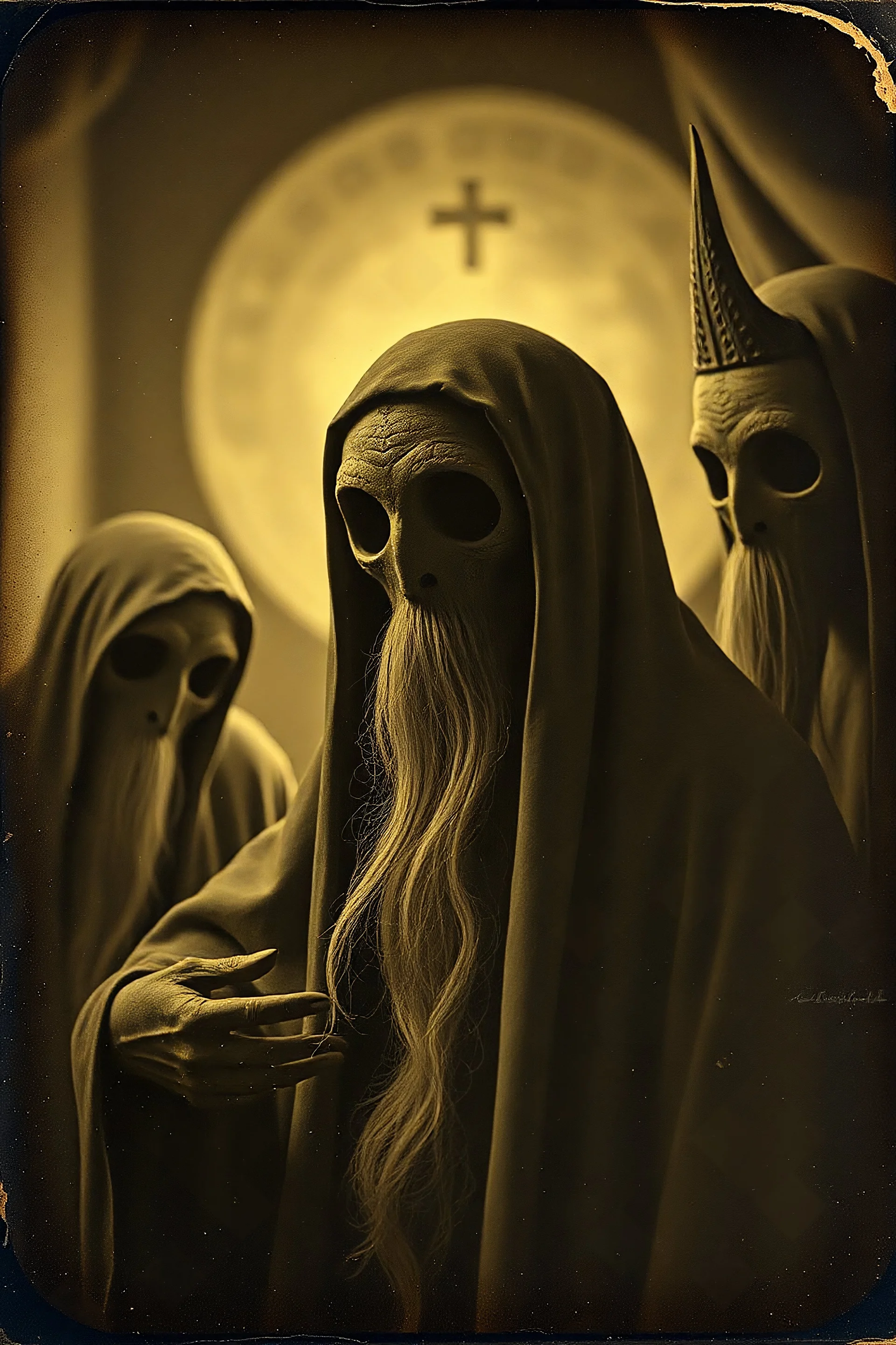 Daguerrotype close up some mysterious figures, odd background, Hieronymus Bosch Max Ernst ambient light, by Minicavio Quollati and Marlost Endgulp, Amano, Botticelli, Alphonse Mucha