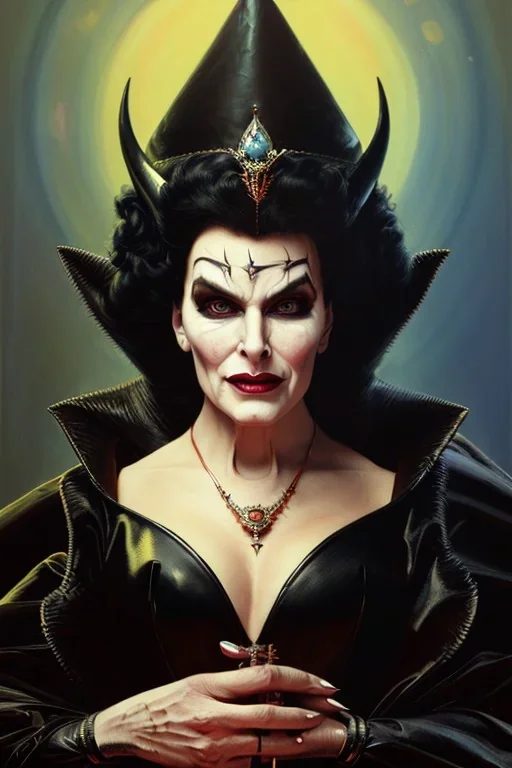 painting of EZADA SINN as evil queen in black leather gown, feminie, angry, stern look on her face, emperious, highly detailed, digital painting, artstation, concept art, smooth, sharp focus, illustration, art by gaston bussiere and alphonse mucha