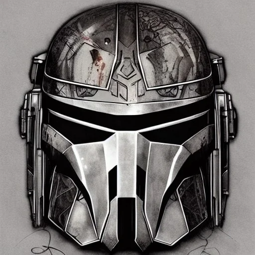 photorealistic the mandalorian helmet, illustration by <agnes cecile> <Yoji Shinkawa>, ornate and intricate details , soft smooth lighting, concept art, black satin background,camouflage paint