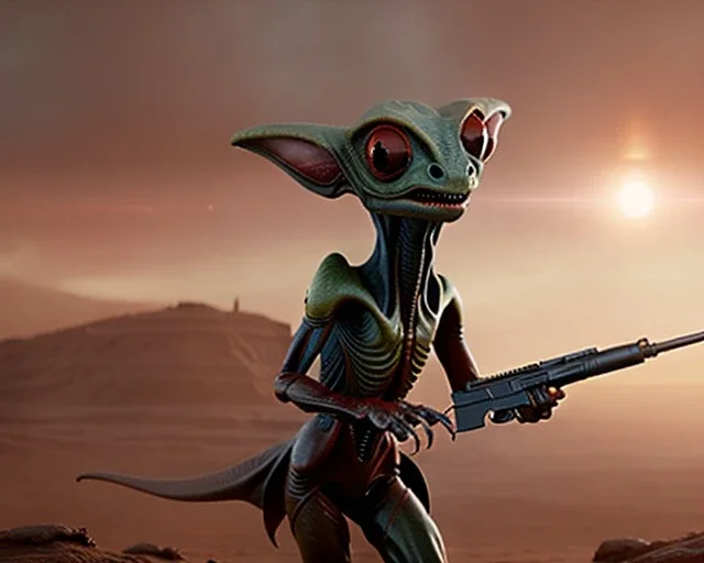 Wider Alien creature from mars holding a rifle, boots