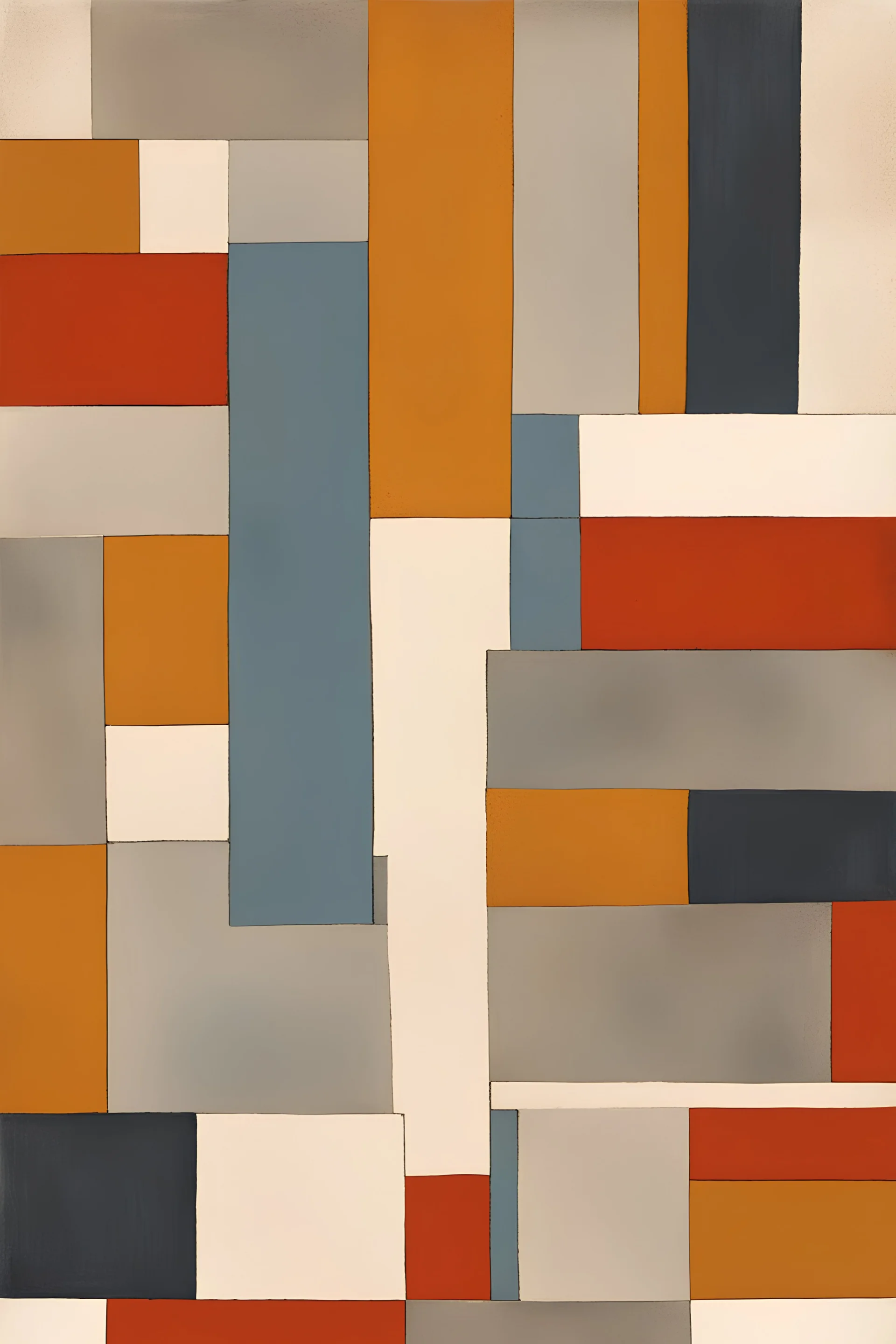 Mid-Century Modern art with Gray, blue, Burnt Orange, Red, greige , white and mustard colors in the style of Gunta Stölzl