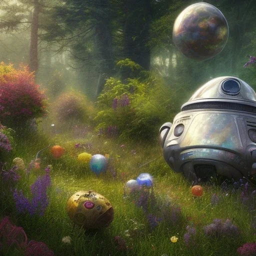 pixar style, volumetric summer garden environment and background, realistic painting of debris spaceship, looking excited, volumetric lighting, dramatic lighting, detailed digital painting, extreme dense and fine fur, anime, ornate, colour-washed colors, elegant, small minutiae, tiny features, particulars, centered, smooth, sharp focus, renderman gofur render, 8k, uhd, detailed eyes, realistic shaded volumetric lighting, sunlight caustics, backlight, centered camera view