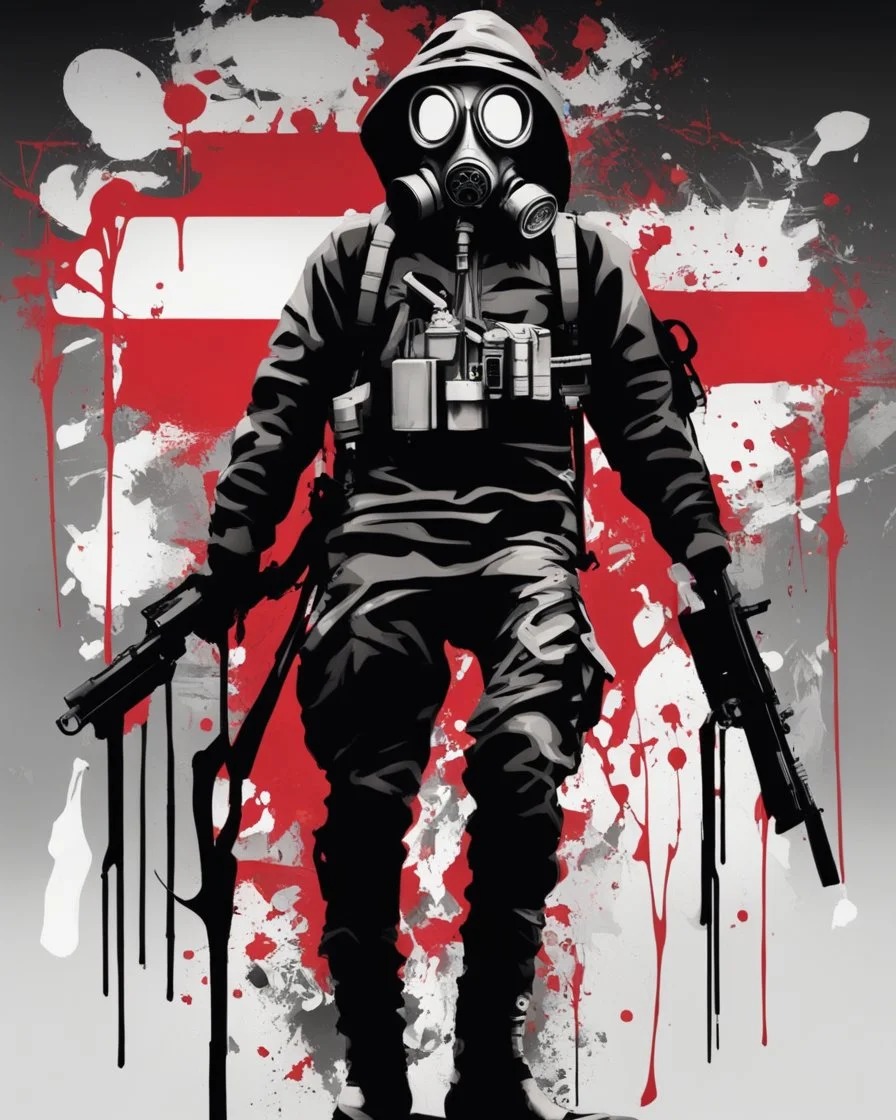 Banksy style. Full body. Vibrant and dynamic masterpiece with fluid patterns forming a killer Cyborg with hood and gas mask, its eyes are intense. Red, white and black colors, creating a fascinating effect.